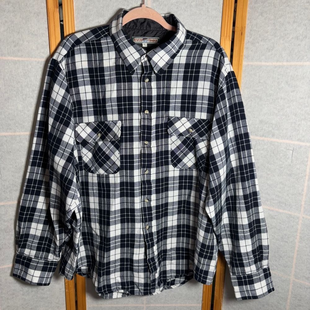 Men's XL River Trader Black‎ White Plaid Flannel